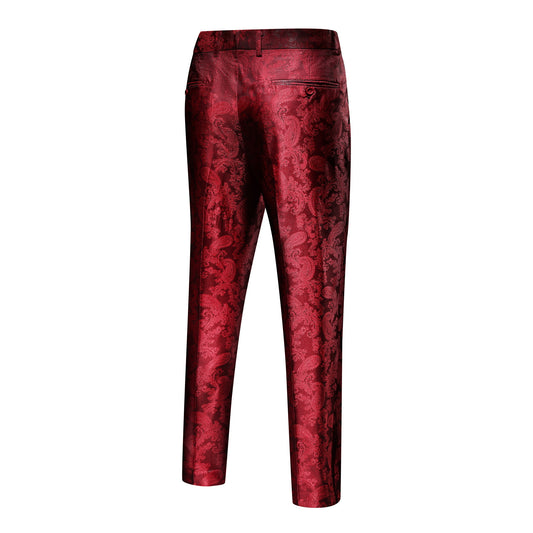 Wine Red # Men's palace dark texture slim fit trousers with diagonal front pockets and elegant button closure, smooth cotton blend formal pants with unique waistband design for business, office, wedding and daily wear, isolated on white background.
