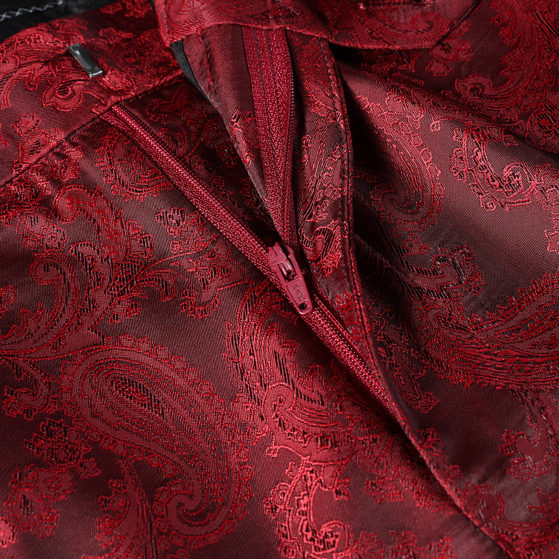 Wine Red # Men's palace dark texture slim fit trousers with diagonal front pockets and elegant button closure, smooth cotton blend formal pants with unique waistband design for business, office, wedding and daily wear, isolated on white background.