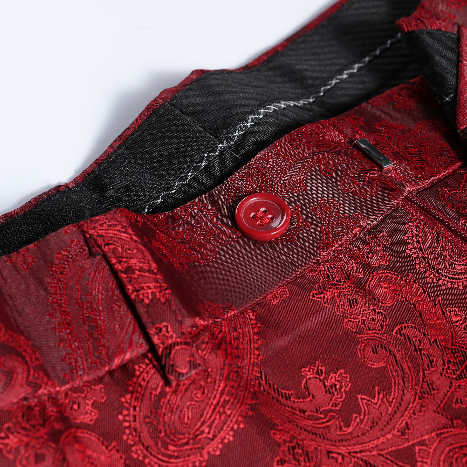 Wine Red # Men's palace dark texture slim fit trousers with diagonal front pockets and elegant button closure, smooth cotton blend formal pants with unique waistband design for business, office, wedding and daily wear, isolated on white background.