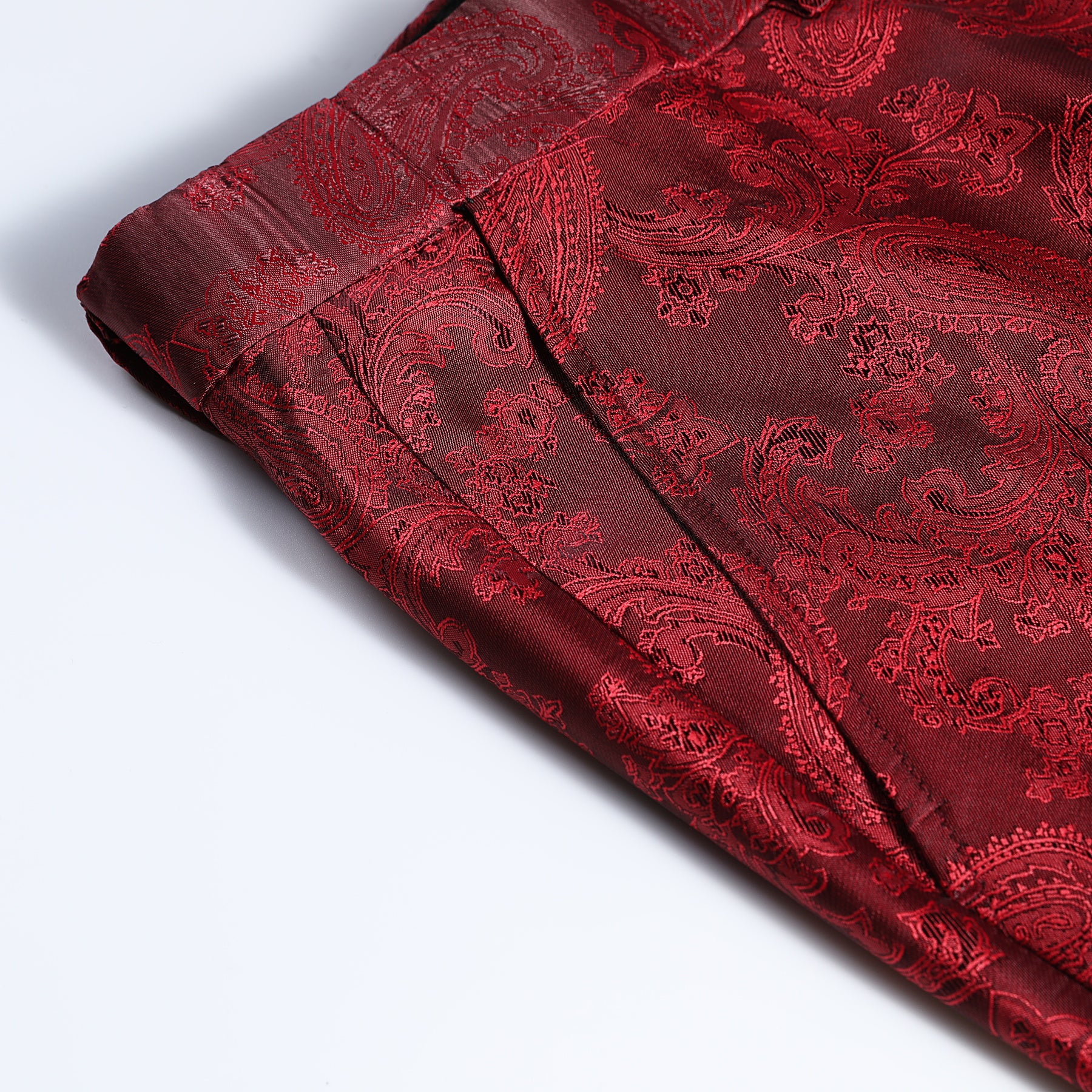 Wine Red # Men's palace dark texture slim fit trousers with diagonal front pockets and elegant button closure, smooth cotton blend formal pants with unique waistband design for business, office, wedding and daily wear, isolated on white background.
