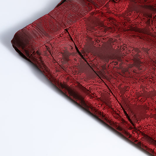 Wine Red # Men's palace dark texture slim fit trousers with diagonal front pockets and elegant button closure, smooth cotton blend formal pants with unique waistband design for business, office, wedding and daily wear, isolated on white background.