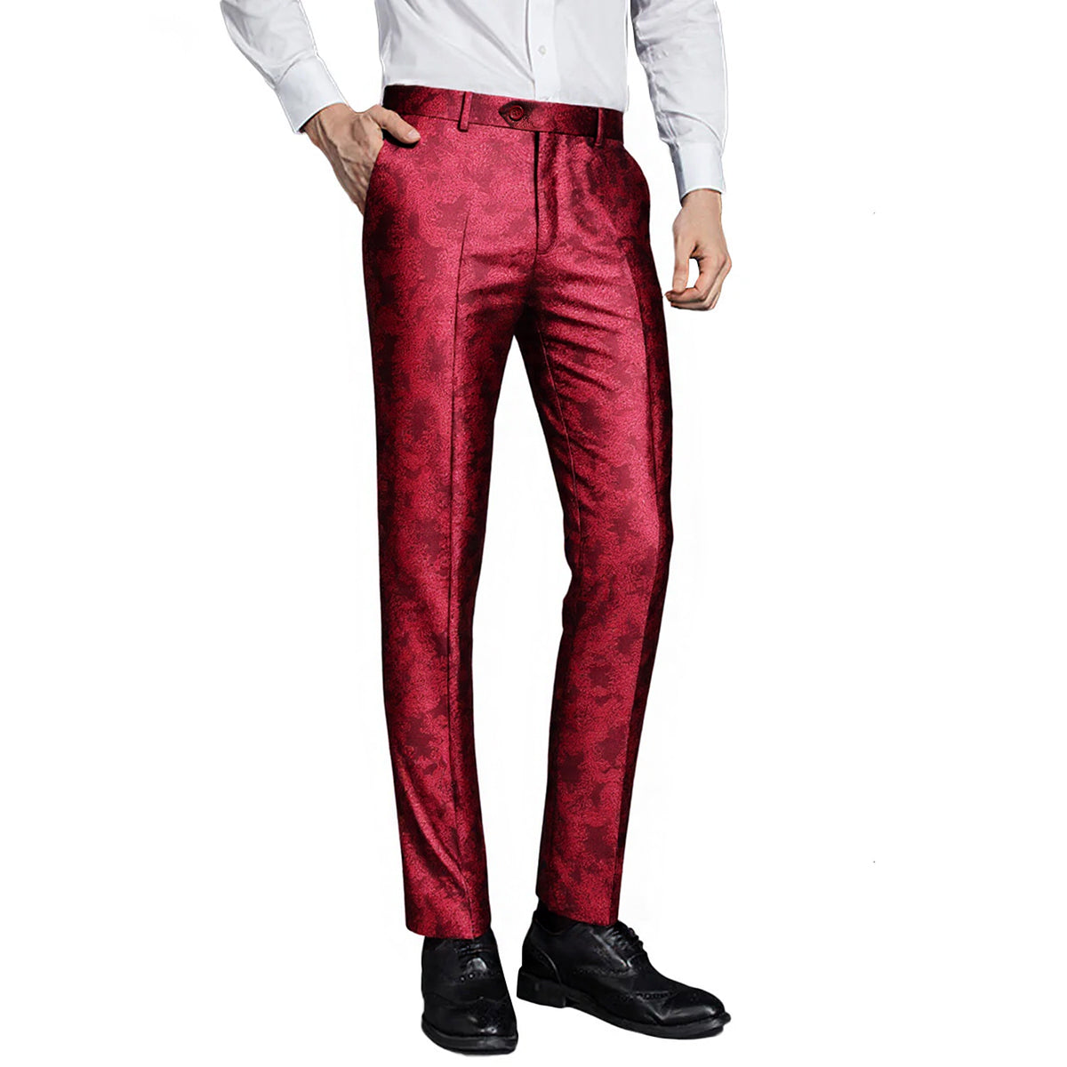 Wine Red # Men's palace dark texture slim fit trousers with diagonal front pockets and elegant button closure, smooth cotton blend formal pants with unique waistband design for business, office, wedding and daily wear, isolated on white background.
