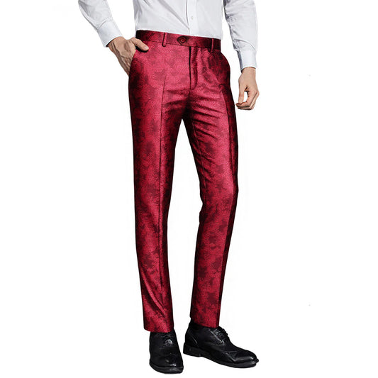 Wine Red # Men's palace dark texture slim fit trousers with diagonal front pockets and elegant button closure, smooth cotton blend formal pants with unique waistband design for business, office, wedding and daily wear, isolated on white background.