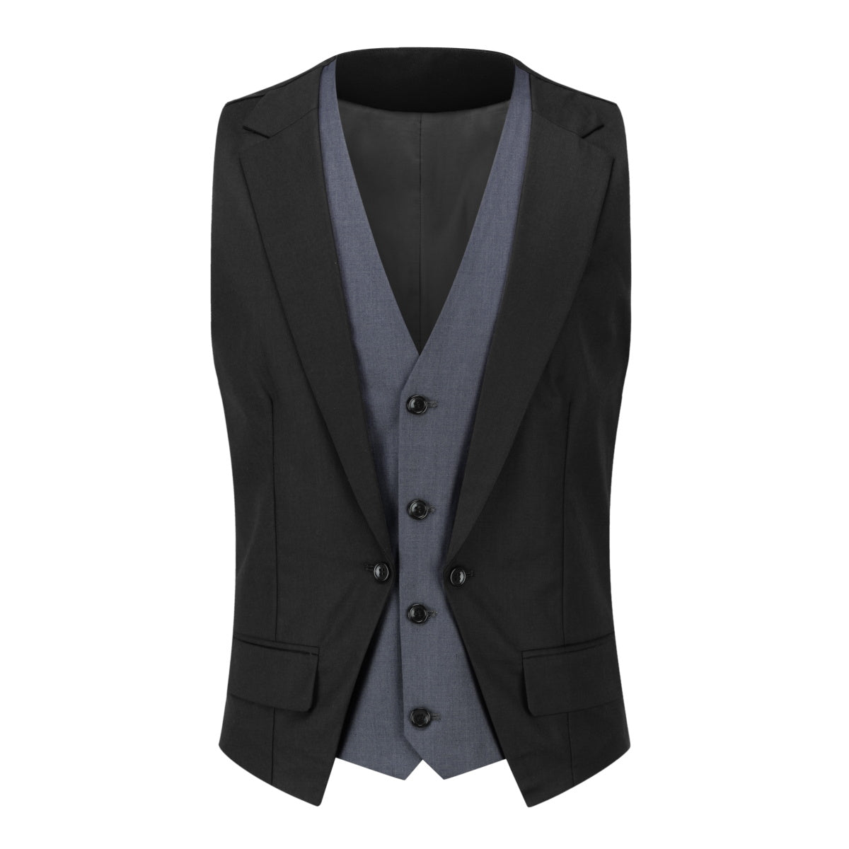 Black # Men's notched lapel patchwork vest, slim fit adjustable back waistcoat with minimalist buttons and structured shoulders, soft breathable fabric vest for business, party, wedding and daily wear, isolated on white background.
