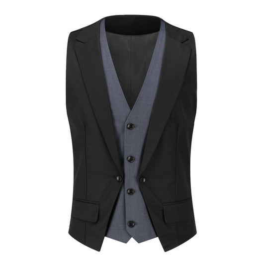 Black # Men's notched lapel patchwork vest, slim fit adjustable back waistcoat with minimalist buttons and structured shoulders, soft breathable fabric vest for business, party, wedding and daily wear, isolated on white background.