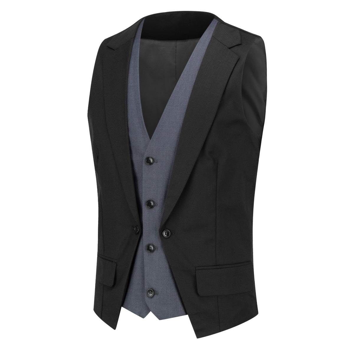 Black # Men's notched lapel patchwork vest, slim fit adjustable back waistcoat with minimalist buttons and structured shoulders, soft breathable fabric vest for business, party, wedding and daily wear, isolated on white background.