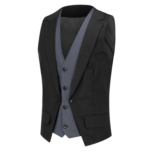 Black # Men's notched lapel patchwork vest, slim fit adjustable back waistcoat with minimalist buttons and structured shoulders, soft breathable fabric vest for business, party, wedding and daily wear, isolated on white background.