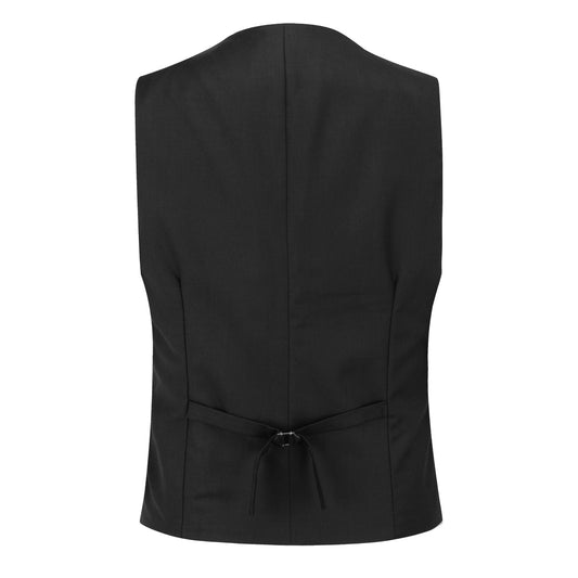 Black # Men's notched lapel patchwork vest, slim fit adjustable back waistcoat with minimalist buttons and structured shoulders, soft breathable fabric vest for business, party, wedding and daily wear, isolated on white background.