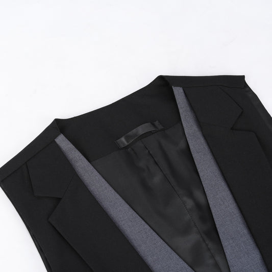 Black # Men's notched lapel patchwork vest, slim fit adjustable back waistcoat with minimalist buttons and structured shoulders, soft breathable fabric vest for business, party, wedding and daily wear, isolated on white background.
