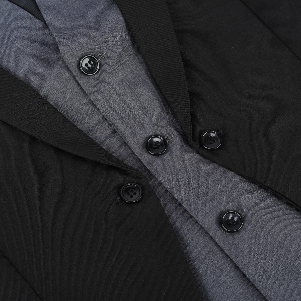 Black # Men's notched lapel patchwork vest, slim fit adjustable back waistcoat with minimalist buttons and structured shoulders, soft breathable fabric vest for business, party, wedding and daily wear, isolated on white background.