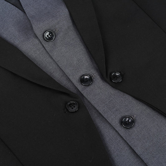 Black # Men's notched lapel patchwork vest, slim fit adjustable back waistcoat with minimalist buttons and structured shoulders, soft breathable fabric vest for business, party, wedding and daily wear, isolated on white background.
