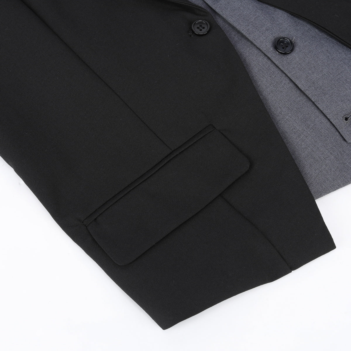 Black # Men's notched lapel patchwork vest, slim fit adjustable back waistcoat with minimalist buttons and structured shoulders, soft breathable fabric vest for business, party, wedding and daily wear, isolated on white background.