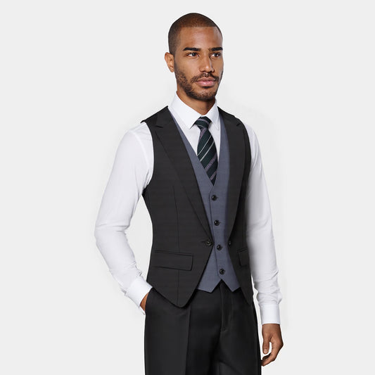 Black # Men's notched lapel patchwork vest, slim fit adjustable back waistcoat with minimalist buttons and structured shoulders, soft breathable fabric vest for business, party, wedding and daily wear, isolated on white background.