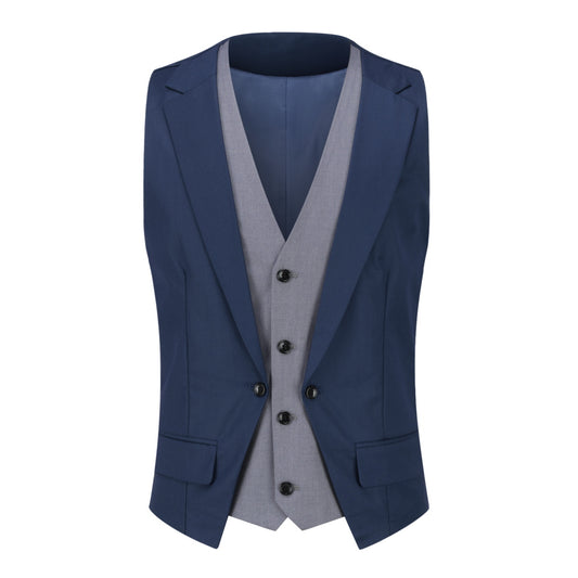 Navy # Men's slim fit notched lapel patchwork vest, lightweight breathable waistcoat with adjustable back tie and buckle, soft skin-friendly fabric with minimalist buttons, versatile casual formal vest for business, wedding, party and daily wear, isolated on white background.
