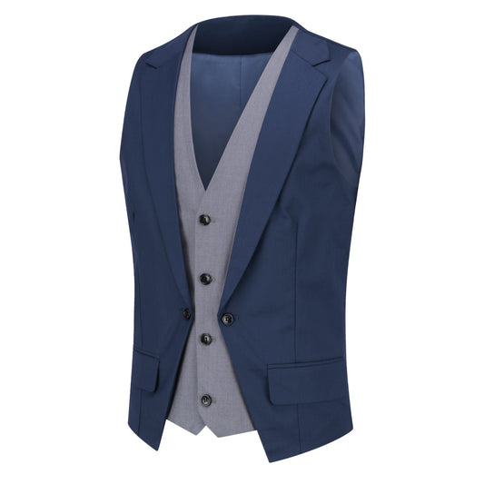Navy # Men's slim fit notched lapel patchwork vest, lightweight breathable waistcoat with adjustable back tie and buckle, soft skin-friendly fabric with minimalist buttons, versatile casual formal vest for business, wedding, party and daily wear, isolated on white background.