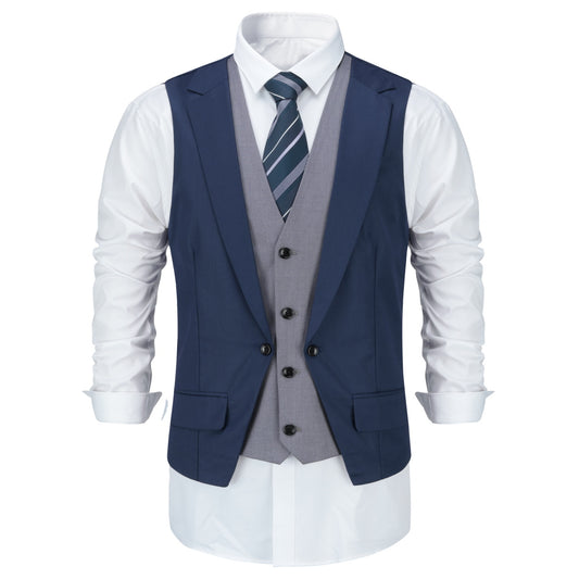 Navy # Men's slim fit notched lapel patchwork vest, lightweight breathable waistcoat with adjustable back tie and buckle, soft skin-friendly fabric with minimalist buttons, versatile casual formal vest for business, wedding, party and daily wear, isolated on white background.