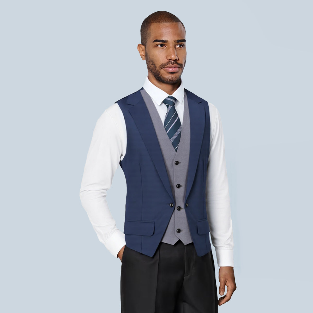 Navy # Men's slim fit notched lapel patchwork vest, lightweight breathable waistcoat with adjustable back tie and buckle, soft skin-friendly fabric with minimalist buttons, versatile casual formal vest for business, wedding, party and daily wear, isolated on white background.