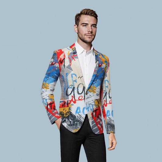 Motley # Men's slim fit print blazer with one-button notched lapel and single-breasted closure, motley patterned sport coat featuring fashionable random cut print design, soft breathable polyester viscose blend jacket for party, prom, banquet, show and special occasions, isolated on white background.