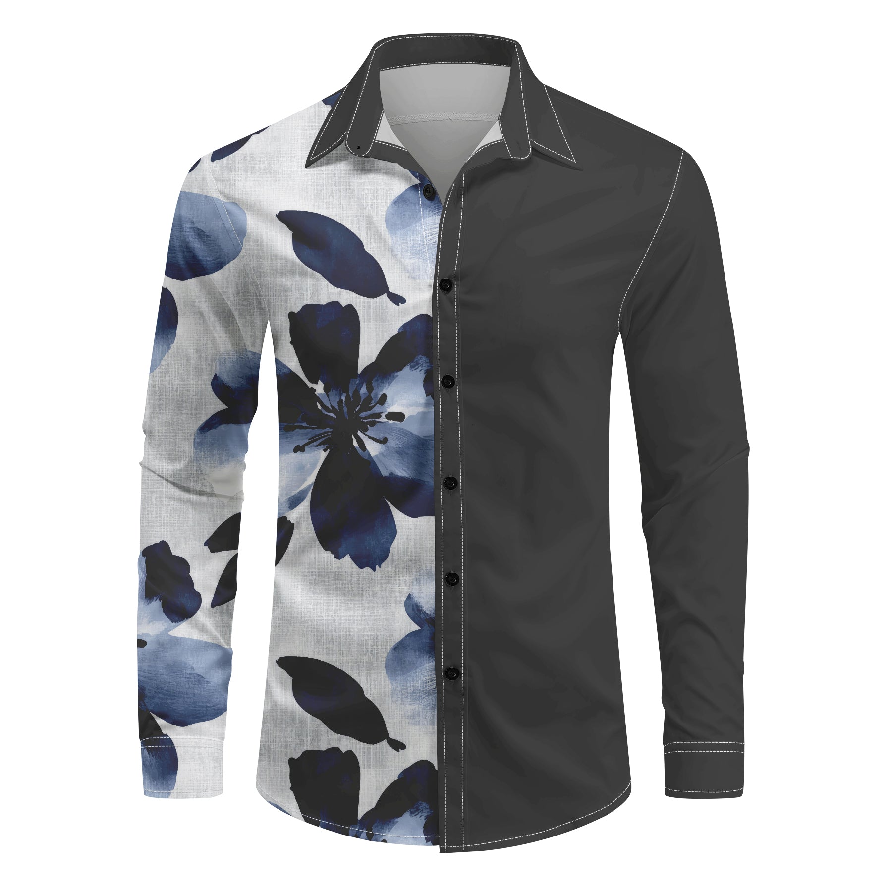 Black Grey # Men's slim fit printed lapel long sleeve shirt, formal casual button-up with flap collar and single-breasted design, stylish black grey dress shirt for business, office, party and daily wear, isolated on white background.