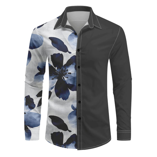 Black Grey # Men's slim fit printed lapel long sleeve shirt, formal casual button-up with flap collar and single-breasted design, stylish black grey dress shirt for business, office, party and daily wear, isolated on white background.