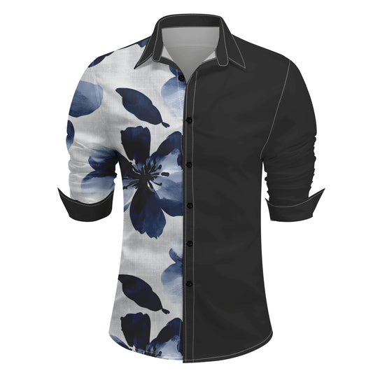 Black Grey # Men's slim fit printed lapel long sleeve shirt, formal casual button-up with flap collar and single-breasted design, stylish black grey dress shirt for business, office, party and daily wear, isolated on white background.