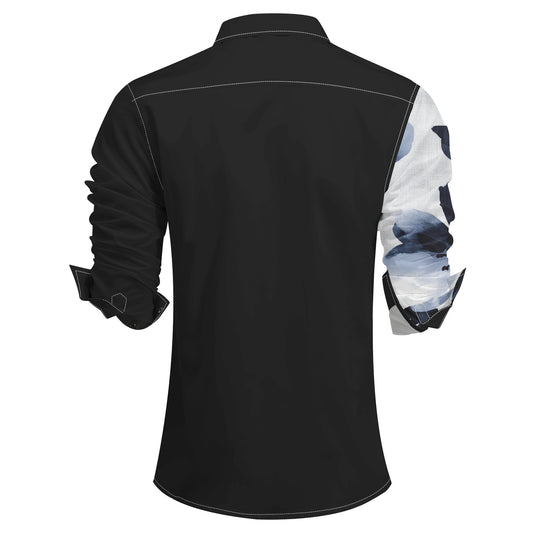 Black Grey # Men's slim fit printed lapel long sleeve shirt, formal casual button-up with flap collar and single-breasted design, stylish black grey dress shirt for business, office, party and daily wear, isolated on white background.