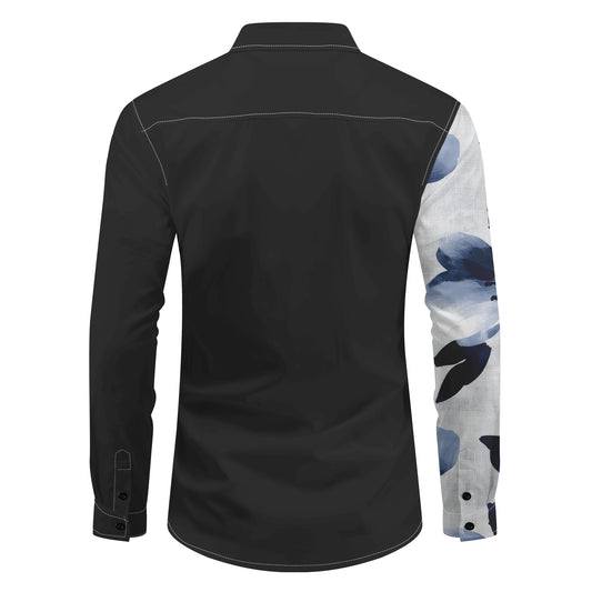 Black Grey # Men's slim fit printed lapel long sleeve shirt, formal casual button-up with flap collar and single-breasted design, stylish black grey dress shirt for business, office, party and daily wear, isolated on white background.