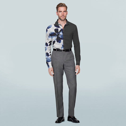 Black Grey # Men's slim fit printed lapel long sleeve shirt, formal casual button-up with flap collar and single-breasted design, stylish black grey dress shirt for business, office, party and daily wear, isolated on white background.