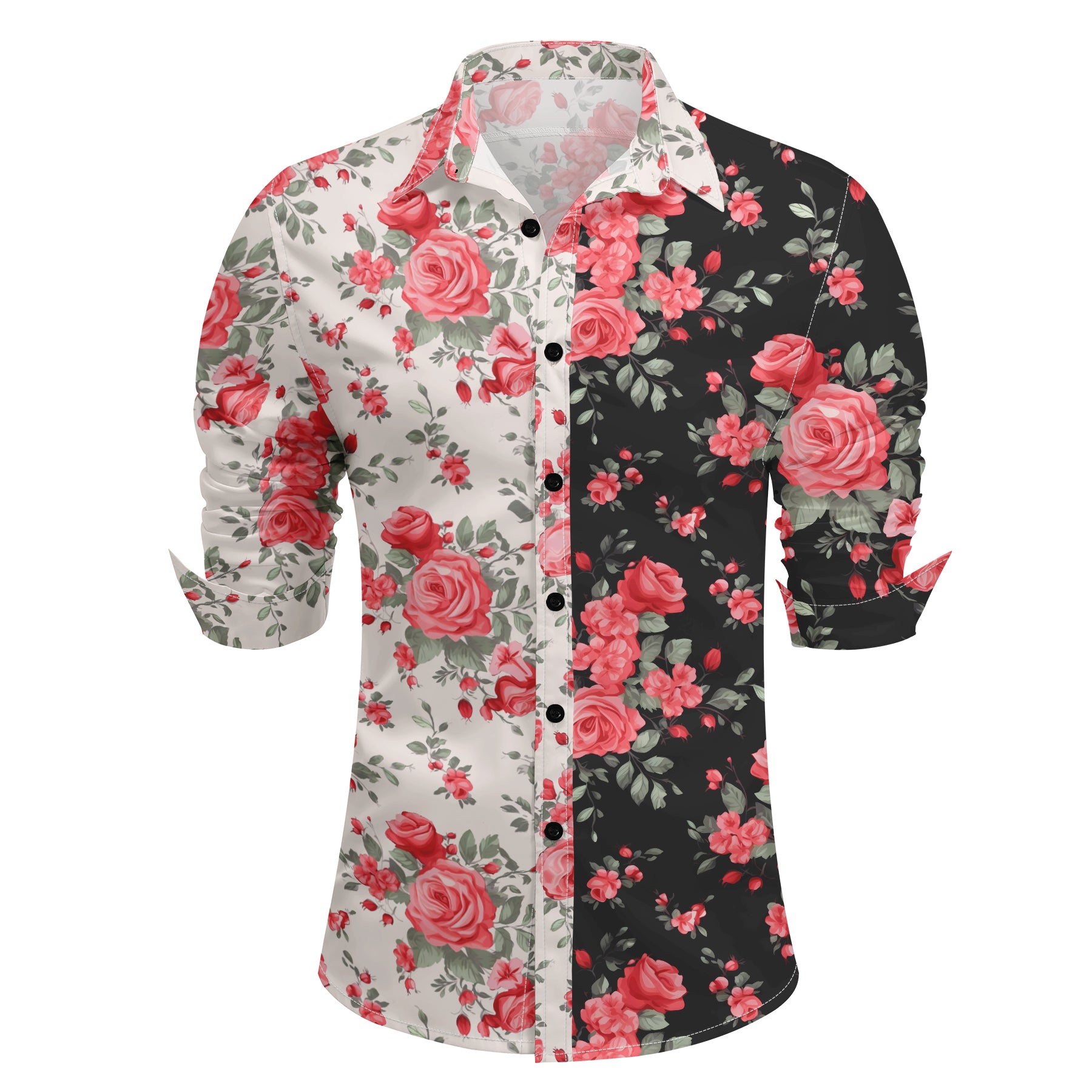 Black # Men's slim fit printed lapel long sleeve shirt, single-breasted spread collar casual dress shirt with cuff design, lightweight polyester formal top for business, party, wedding and daily wear, isolated on white background.