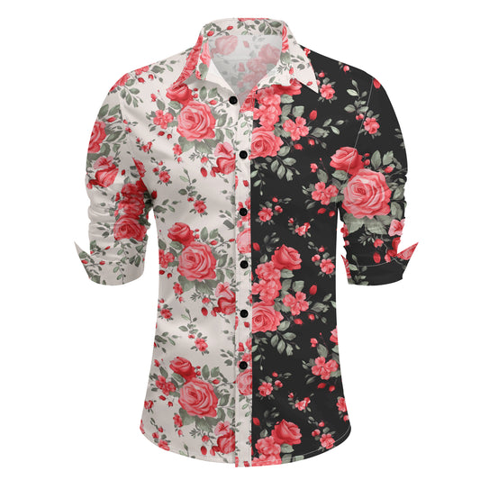 Black # Men's slim fit printed lapel long sleeve shirt, single-breasted spread collar casual dress shirt with cuff design, lightweight polyester formal top for business, party, wedding and daily wear, isolated on white background.