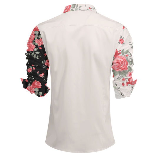 Black # Men's slim fit printed lapel long sleeve shirt, single-breasted spread collar casual dress shirt with cuff design, lightweight polyester formal top for business, party, wedding and daily wear, isolated on white background.