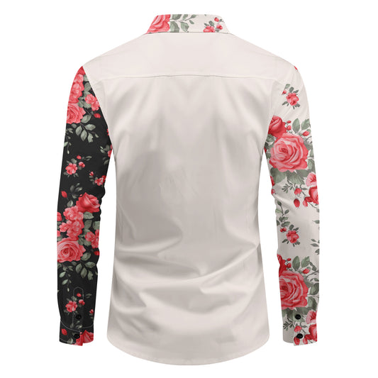 Black # Men's slim fit printed lapel long sleeve shirt, single-breasted spread collar casual dress shirt with cuff design, lightweight polyester formal top for business, party, wedding and daily wear, isolated on white background.