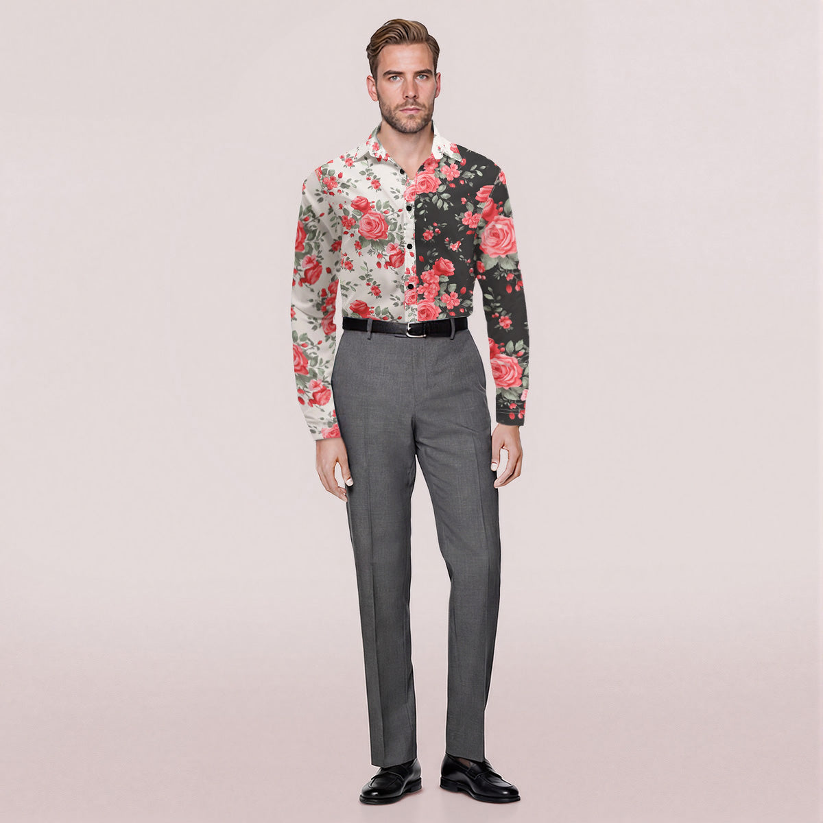 Black # Men's slim fit printed lapel long sleeve shirt, single-breasted spread collar casual dress shirt with cuff design, lightweight polyester formal top for business, party, wedding and daily wear, isolated on white background.