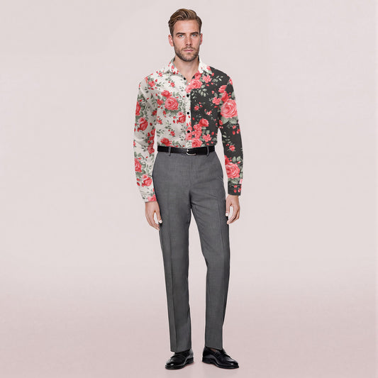 Black # Men's slim fit printed lapel long sleeve shirt, single-breasted spread collar casual dress shirt with cuff design, lightweight polyester formal top for business, party, wedding and daily wear, isolated on white background.