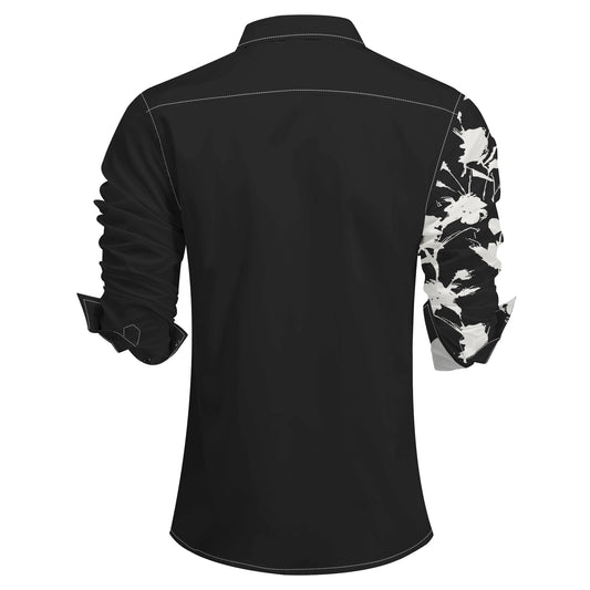 Black Blue # Men's slim fit printed lapel long sleeve shirt, paisley print shirt with spread collar and single-breasted flap lapel, stylish casual business shirt for office, daily wear, party and ceremony, isolated on white background.