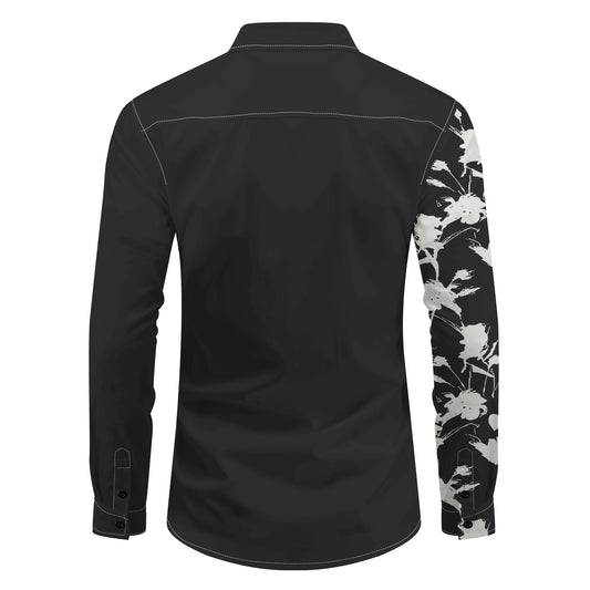 Black Blue # Men's slim fit printed lapel long sleeve shirt, paisley print shirt with spread collar and single-breasted flap lapel, stylish casual business shirt for office, daily wear, party and ceremony, isolated on white background.
