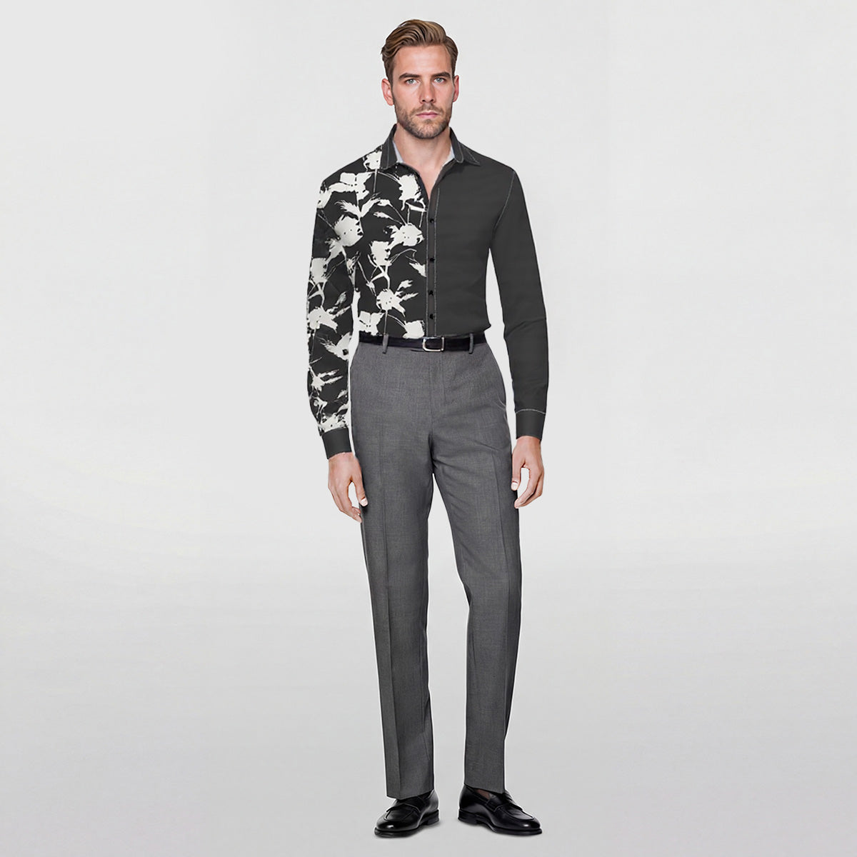 Black Blue # Men's slim fit printed lapel long sleeve shirt, paisley print shirt with spread collar and single-breasted flap lapel, stylish casual business shirt for office, daily wear, party and ceremony, isolated on white background.