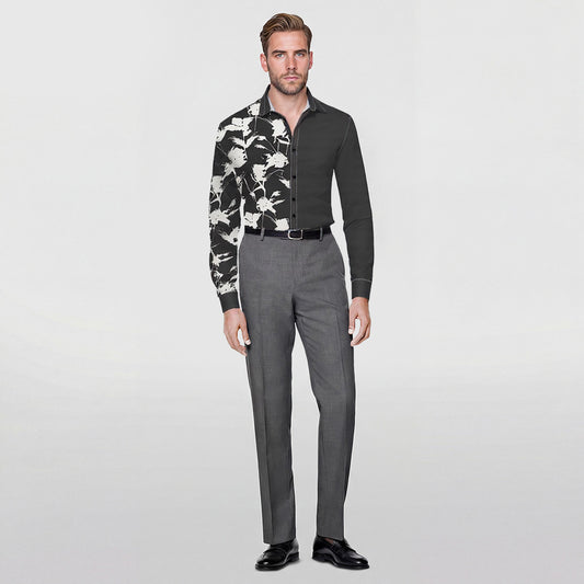 Black Blue # Men's slim fit printed lapel long sleeve shirt, paisley print shirt with spread collar and single-breasted flap lapel, stylish casual business shirt for office, daily wear, party and ceremony, isolated on white background.