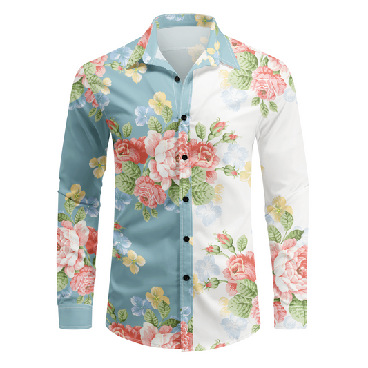 White # Men's slim fit printed lapel long sleeve shirt, single-breasted flap collar casual dress shirt with unique print and cuff design, lightweight polyester top for business, formal, party and daily wear, isolated on white background.