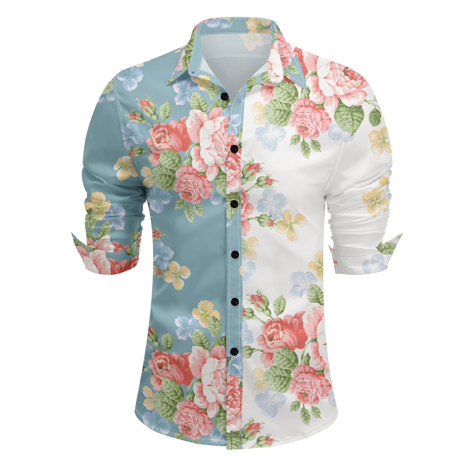 White # Men's slim fit printed lapel long sleeve shirt, single-breasted flap collar casual dress shirt with unique print and cuff design, lightweight polyester top for business, formal, party and daily wear, isolated on white background.