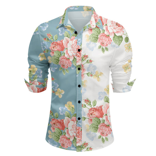 White # Men's slim fit printed lapel long sleeve shirt, single-breasted flap collar casual dress shirt with unique print and cuff design, lightweight polyester top for business, formal, party and daily wear, isolated on white background.