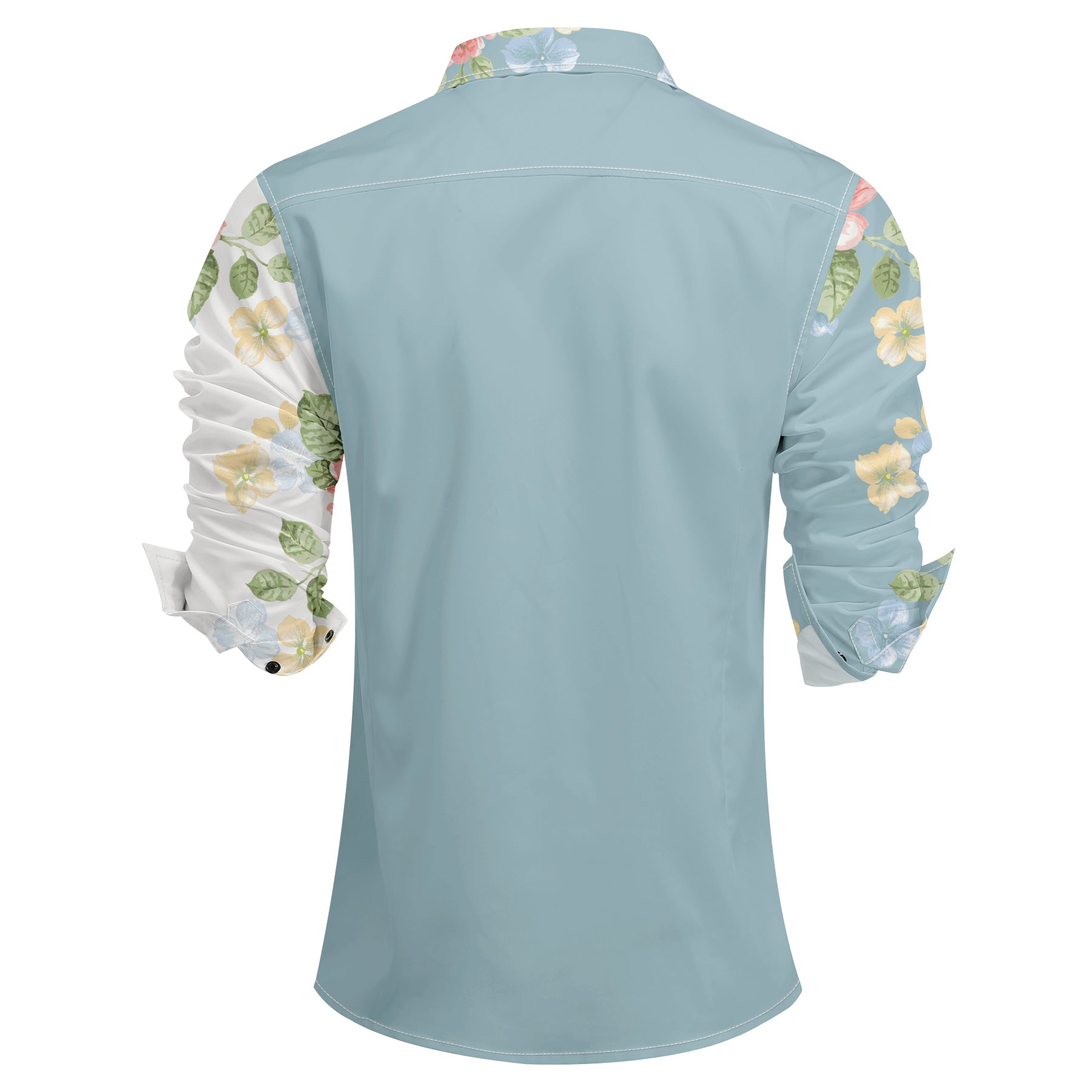 White # Men's slim fit printed lapel long sleeve shirt, single-breasted flap collar casual dress shirt with unique print and cuff design, lightweight polyester top for business, formal, party and daily wear, isolated on white background.