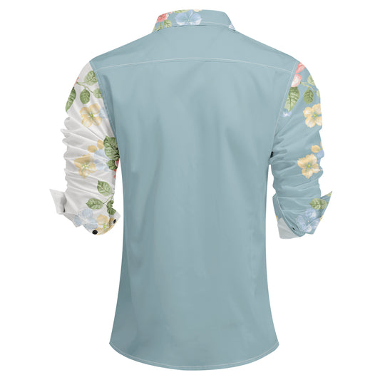 White # Men's slim fit printed lapel long sleeve shirt, single-breasted flap collar casual dress shirt with unique print and cuff design, lightweight polyester top for business, formal, party and daily wear, isolated on white background.