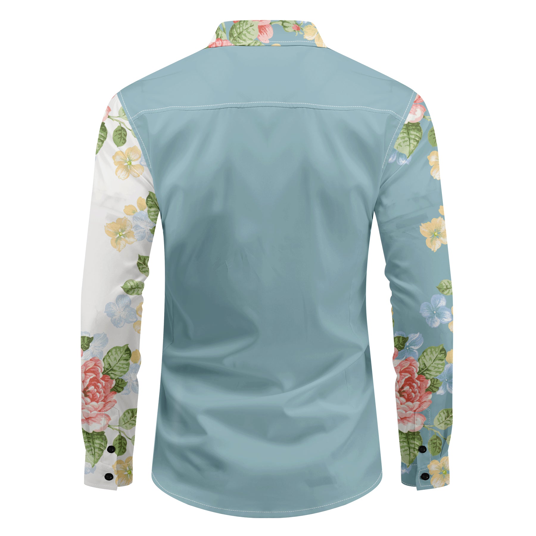 White # Men's slim fit printed lapel long sleeve shirt, single-breasted flap collar casual dress shirt with unique print and cuff design, lightweight polyester top for business, formal, party and daily wear, isolated on white background.