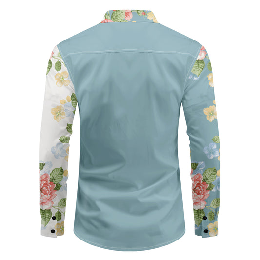 White # Men's slim fit printed lapel long sleeve shirt, single-breasted flap collar casual dress shirt with unique print and cuff design, lightweight polyester top for business, formal, party and daily wear, isolated on white background.