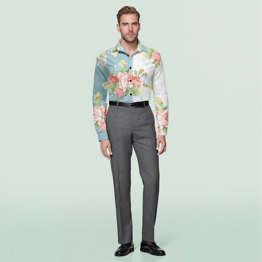 White # Men's slim fit printed lapel long sleeve shirt, single-breasted flap collar casual dress shirt with unique print and cuff design, lightweight polyester top for business, formal, party and daily wear, isolated on white background.