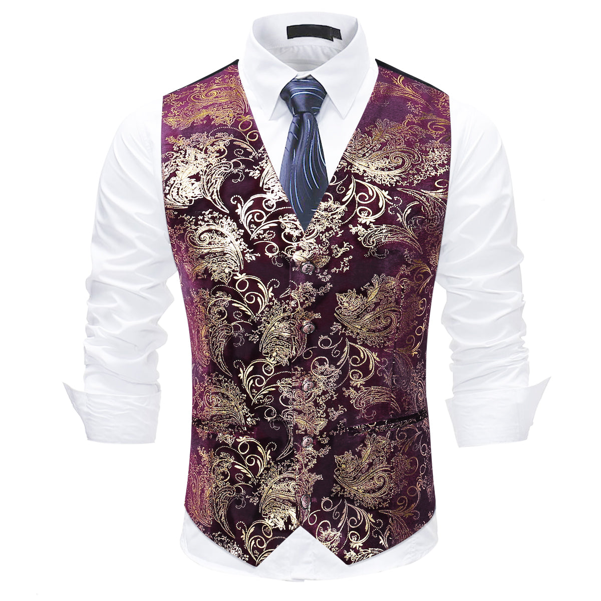Maroon # Men's slim fit single breasted printed vest with v-neck and 3-button satin collar closure, sleeveless maroon waistcoat with adjustable back belt and fully lined interior, floral print polyester viscose blend vest for business, wedding, prom, banquet and daily wear, isolated on white background.