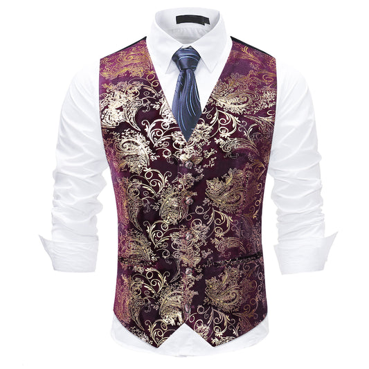 Maroon # Men's slim fit single breasted printed vest with v-neck and 3-button satin collar closure, sleeveless maroon waistcoat with adjustable back belt and fully lined interior, floral print polyester viscose blend vest for business, wedding, prom, banquet and daily wear, isolated on white background.