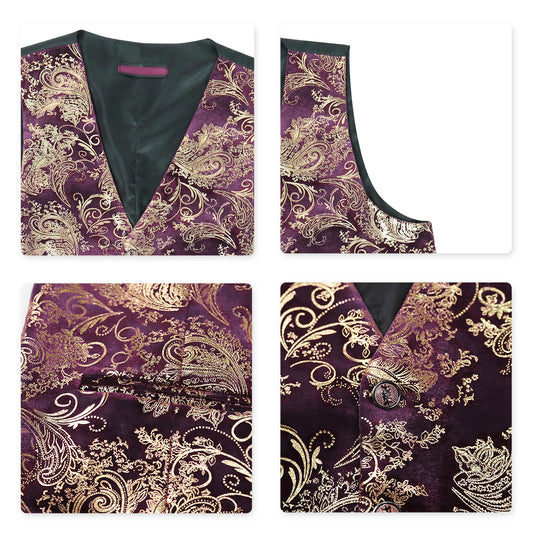 Maroon # Men's slim fit single breasted printed vest with v-neck and 3-button satin collar closure, sleeveless maroon waistcoat with adjustable back belt and fully lined interior, floral print polyester viscose blend vest for business, wedding, prom, banquet and daily wear, isolated on white background.