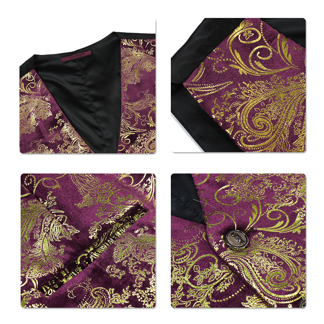 Maroon # Men's slim fit single breasted printed vest with v-neck and 3-button satin collar closure, sleeveless maroon waistcoat with adjustable back belt and fully lined interior, floral print polyester viscose blend vest for business, wedding, prom, banquet and daily wear, isolated on white background.